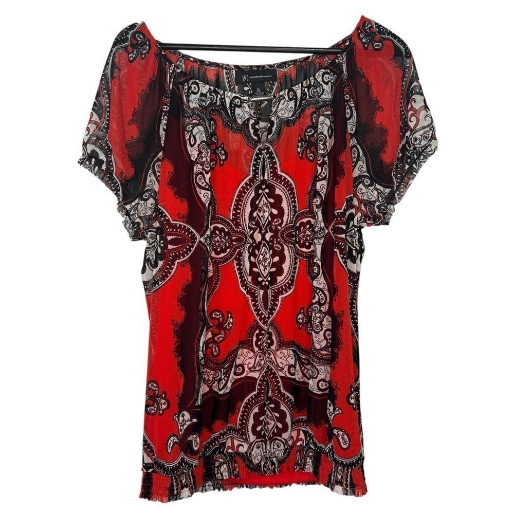 INC Paisley Mesh Top w/Cami size XL Red/Black/White Cap Sleeve
